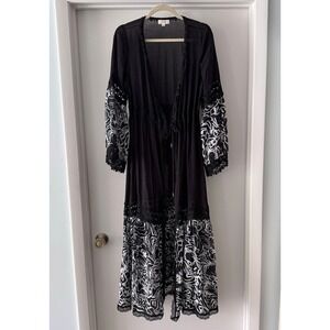 Elan Kimono Maxi Duster Black Print Lace Sheer Boho‎ Festival Whimsygoth Sz M